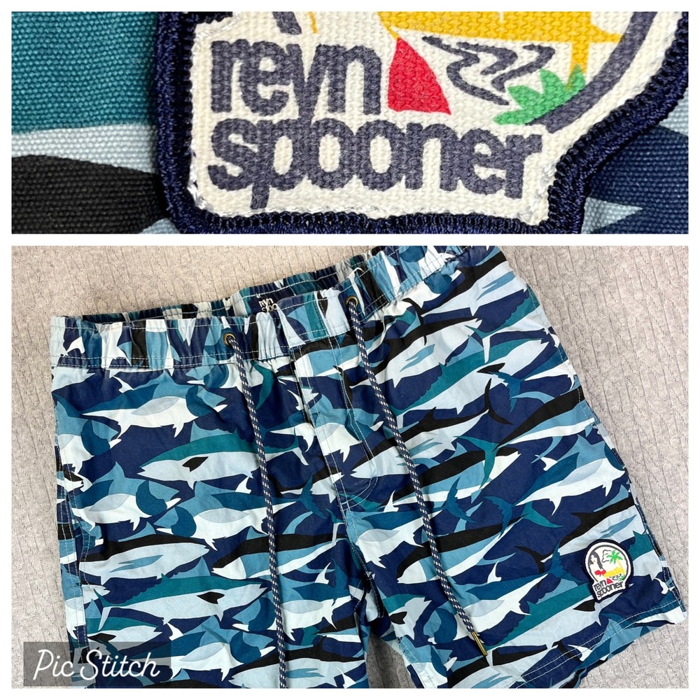 Reyn Spooner Swim Trunks board shorts Mens S Blue Fish Camo Print Elastic Waist‎